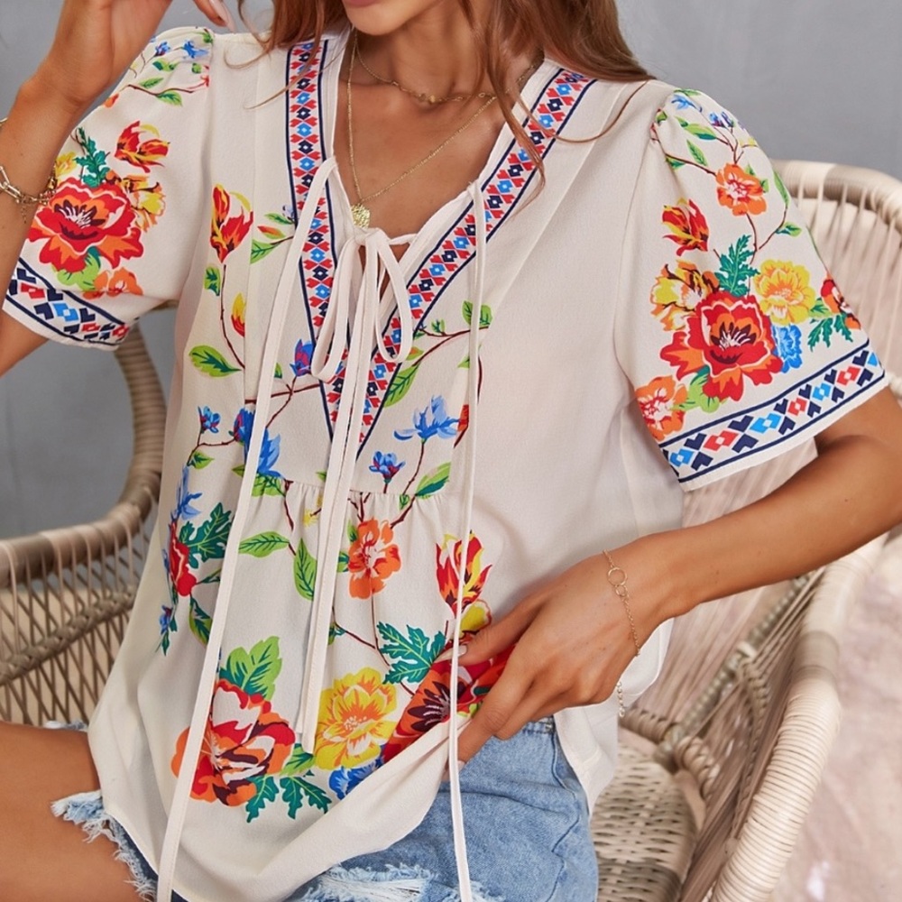Boho Cream Floral Print Puff Sleeve Top Blouse - Picture 1 of 8